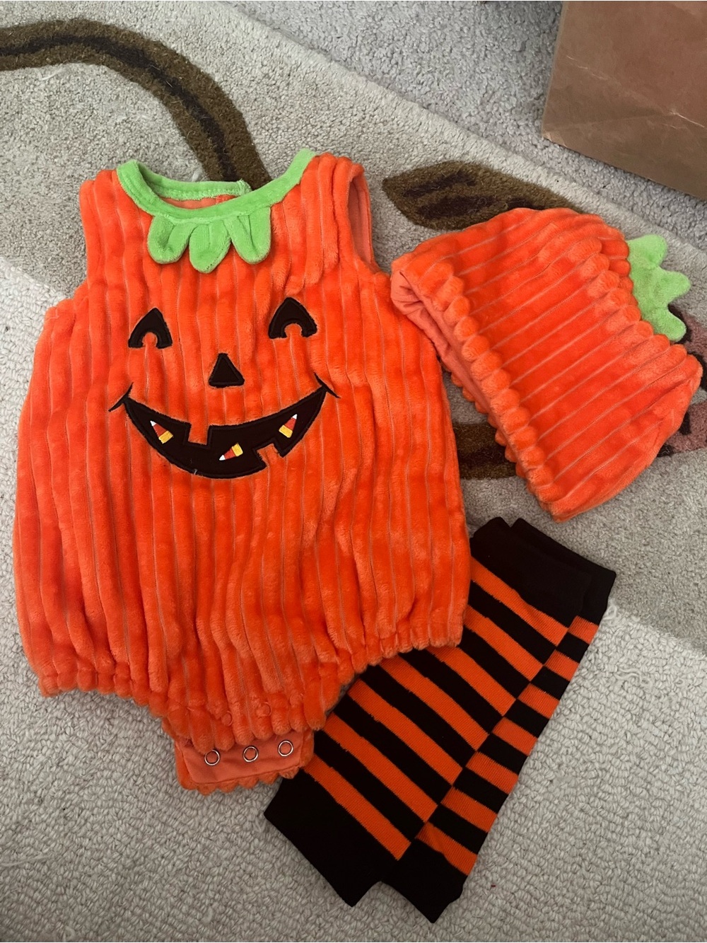 Baby Pumpkin Plush Costume Set with Striped Leg Warmers and Hat